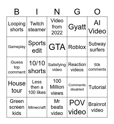 YouTube shorts bingo trust Bingo Card
