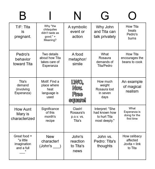 Like Water for Chocolate, "November" Bingo Card