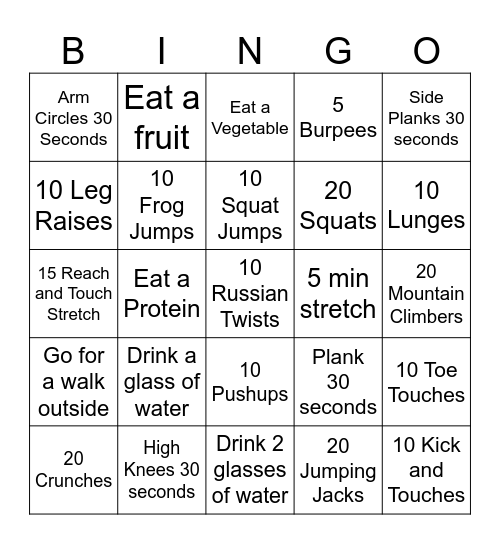 Fitness Bingo Card