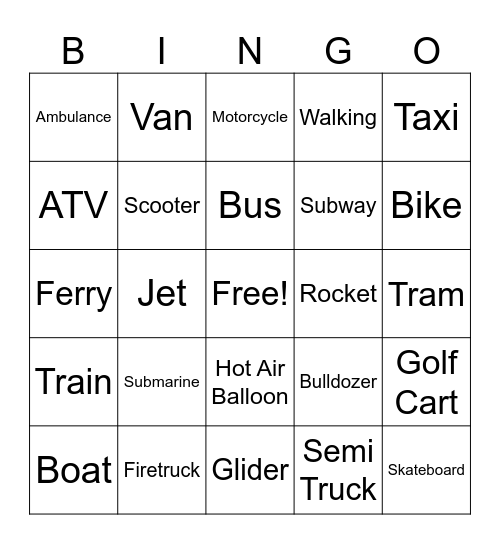 Transportation Bingo Card