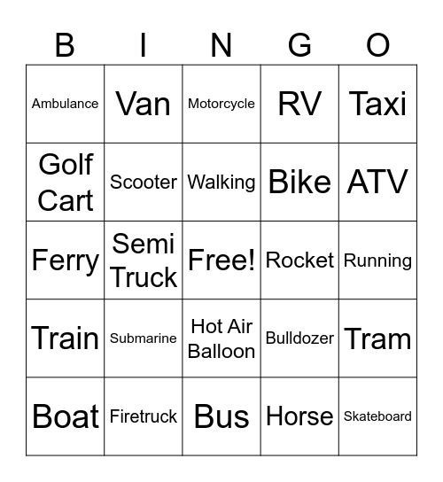Transportation Bingo Card