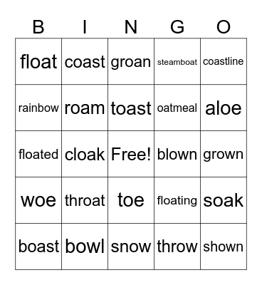 Long Vowel Teams oa,ow,oe Bingo Card