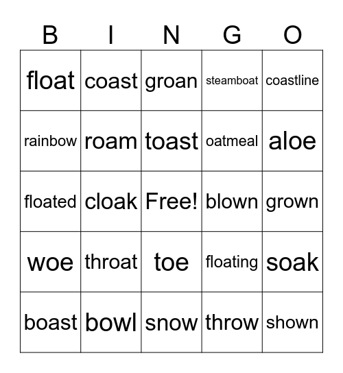 Long Vowel Teams oa,ow,oe Bingo Card