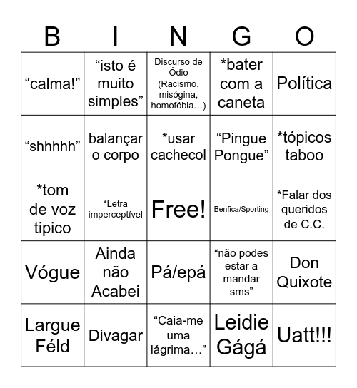 Bingo do professor Camilo Bingo Card