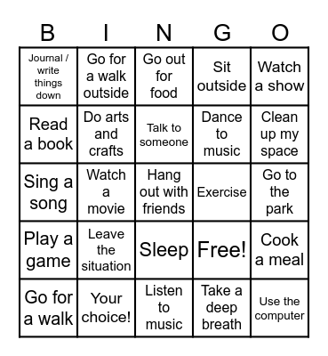 Coping Mechanism Bingo Card