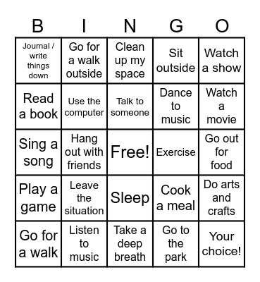 Coping Mechanism Bingo Card