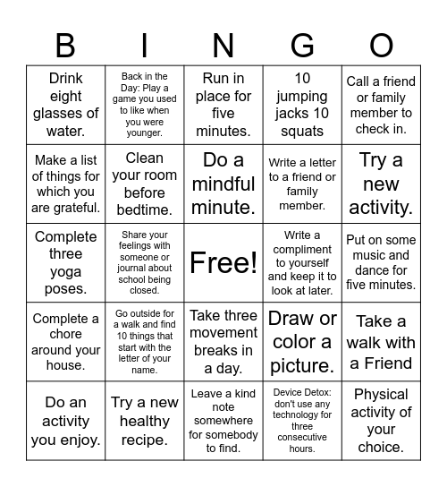 Mind & Body Bingo Card