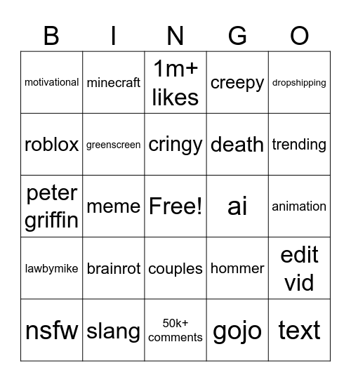 youtube shorts Bingo Card