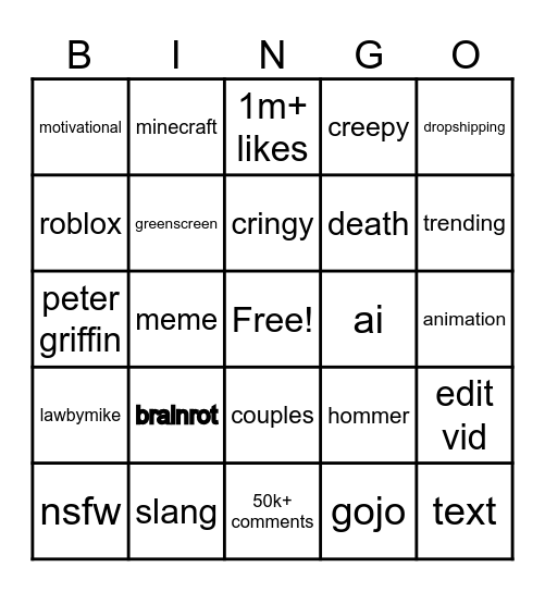 youtube shorts Bingo Card