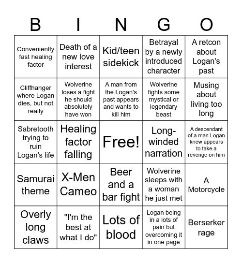 Wolverine Bingo Card