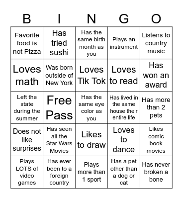 Middle School Bingo Card