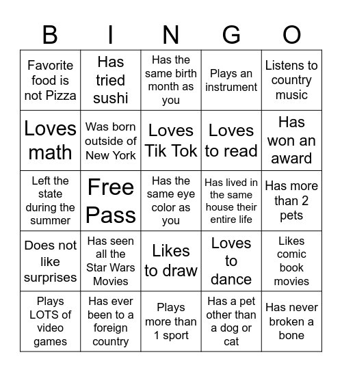 Middle School Bingo Card