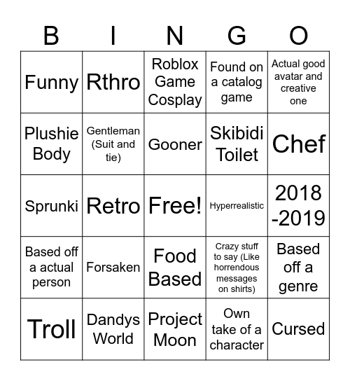 Roblox Avatar Bingo Card