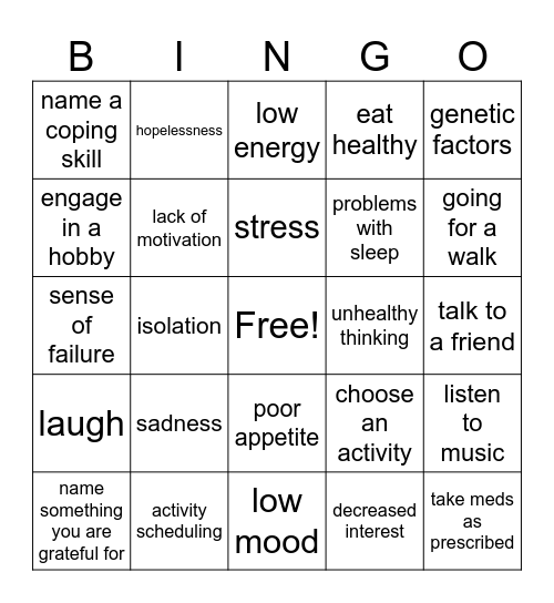 Depression Bingo Card