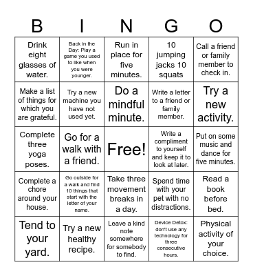Mind & Body Bingo Card