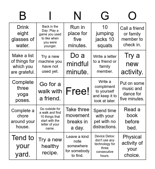 Mind & Body Bingo Card