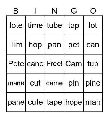 Closed Syllables and V-E sylllables Bingo Card