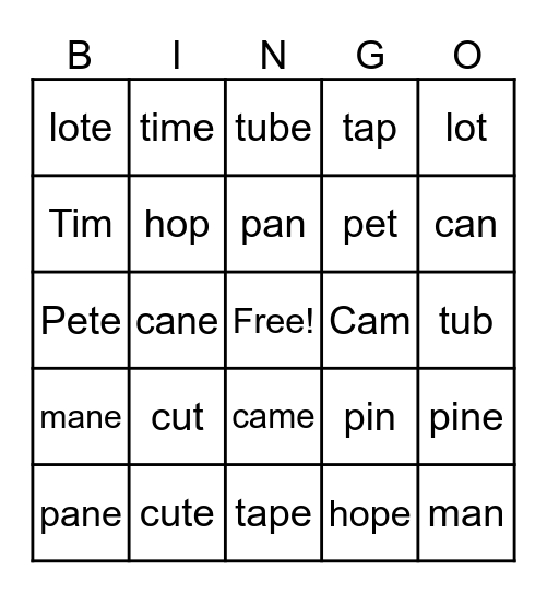 Closed Syllables and V-E sylllables Bingo Card