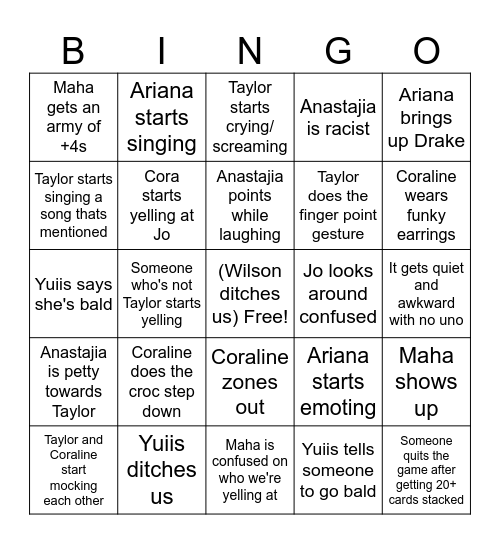 Friend Group Bingo Card