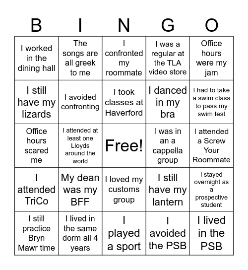 Bryn Mawr Bingo Card