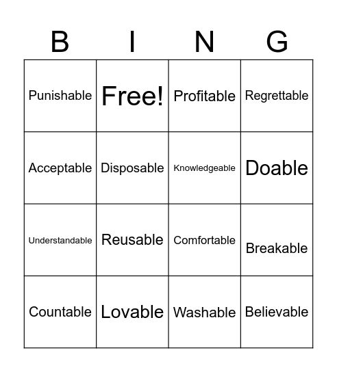 Suffix "able" Bingo Card