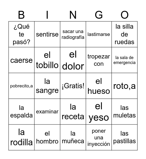 Realidades 2 5B Bingo accidente Bingo Card