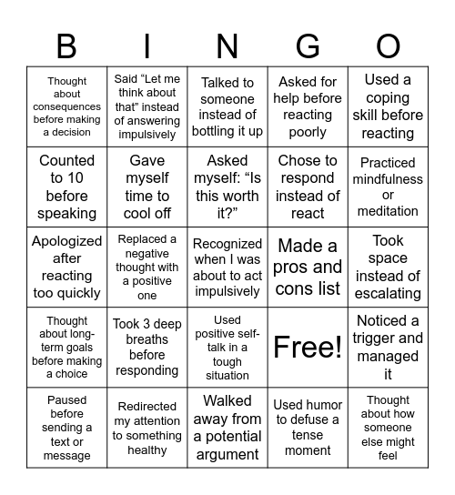Think Before You Act Bingo! Bingo Card