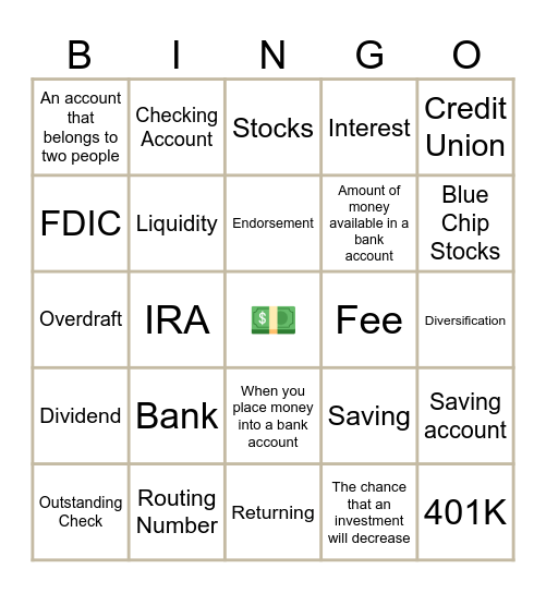 INVESTING, BANKING, SAVING Bingo Card