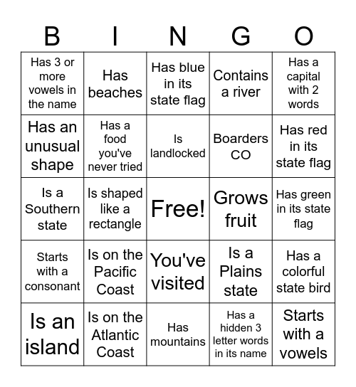 Find a state that... Bingo Card
