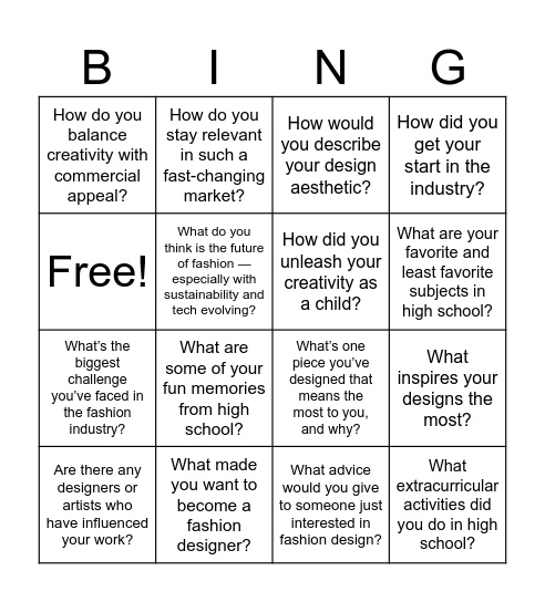 Fashion Interview Bingo Card
