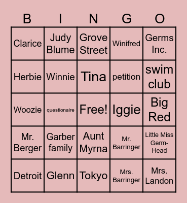 Iggie's House By: Judy Blume Bingo Card