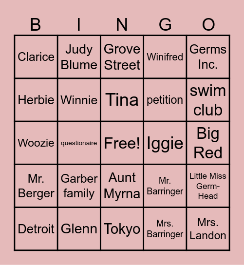 Iggie's House By: Judy Blume Bingo Card