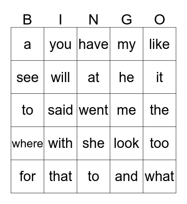 sight words Bingo Card