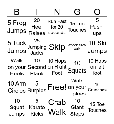 Fitness Bingo Card