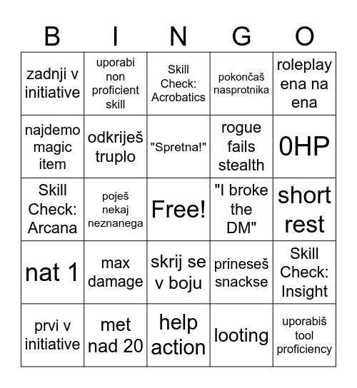 D & D Bingo Card