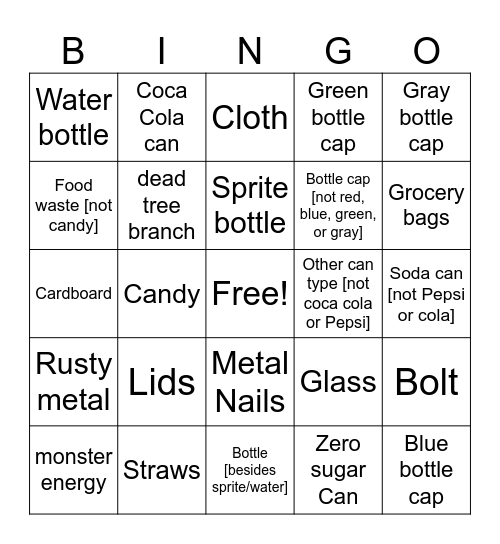 Earth Cleanup Bingo Card