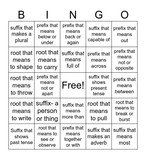 Morpheme Bingo Card