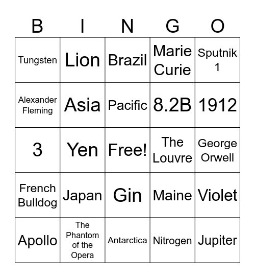 Trivia Bingo Card