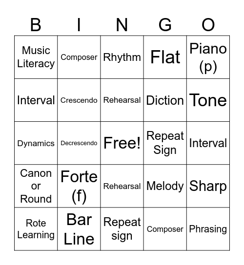 Choir Bingo Card