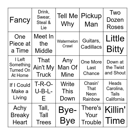 90s Country #1 Bingo Card