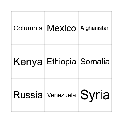 Countries Bingo Card
