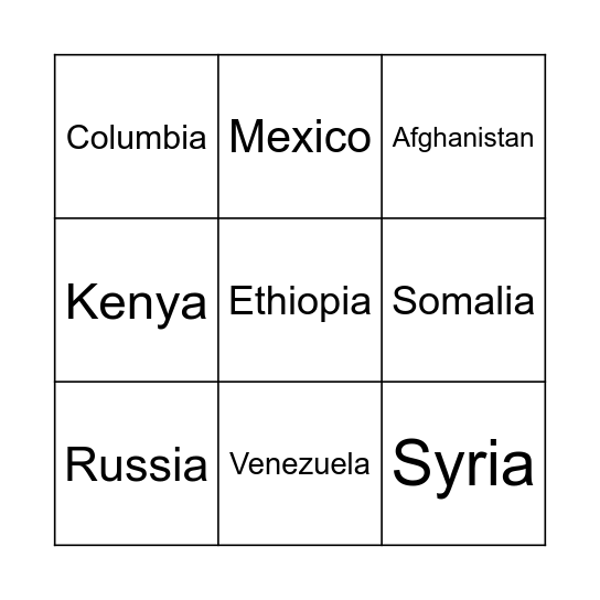 Countries Bingo Card