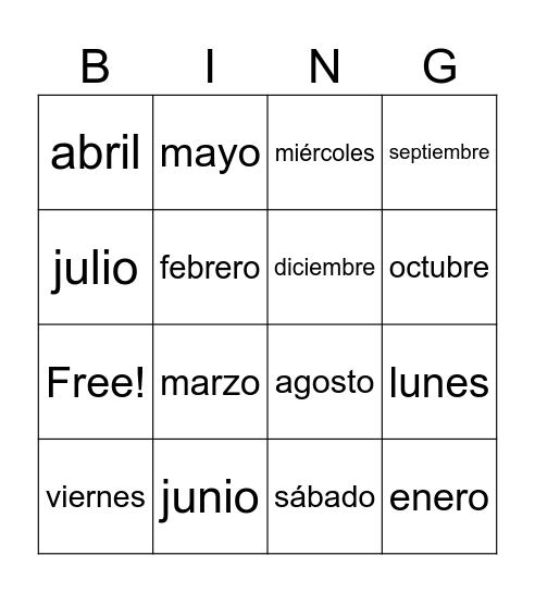 Los meses y los días Bingo Card