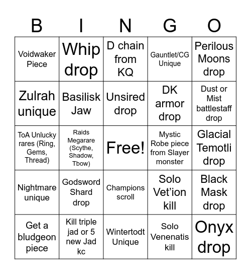 Chimera Bingo Card