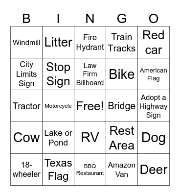 Backseat Bingo Card