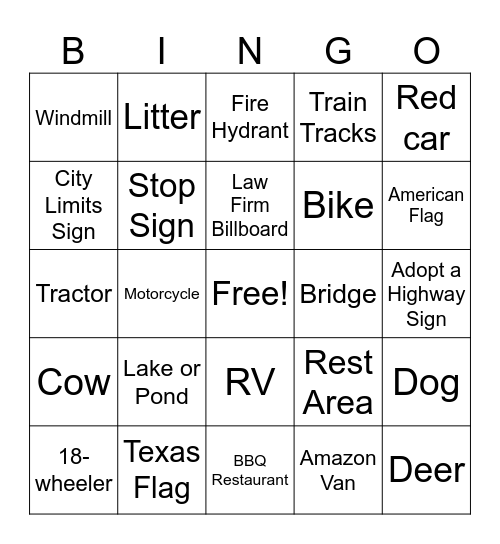 Backseat Bingo Card
