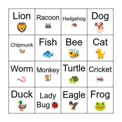 Animals and Bugs Bingo Card