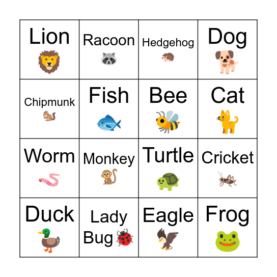 Animals and Bugs Bingo Card