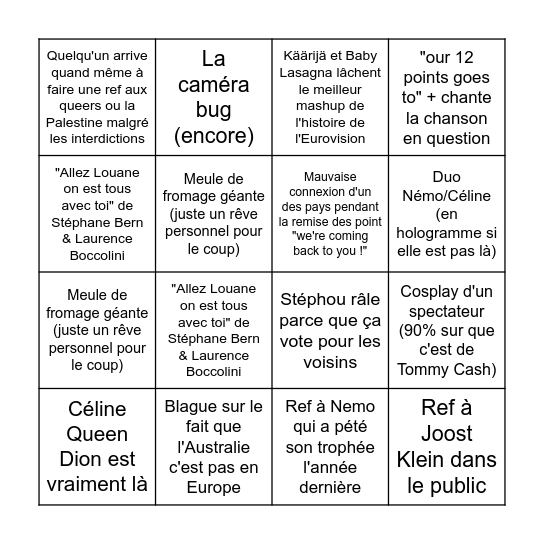 Finale Eurovision 2025 Bingo Card