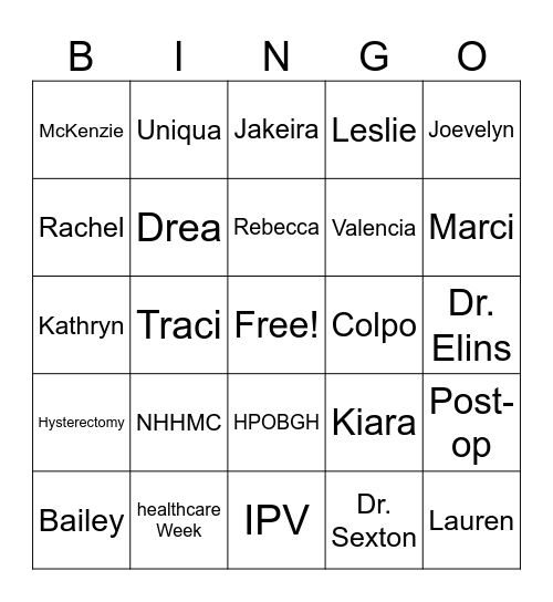 HPOB Rock Stars Bingo Card